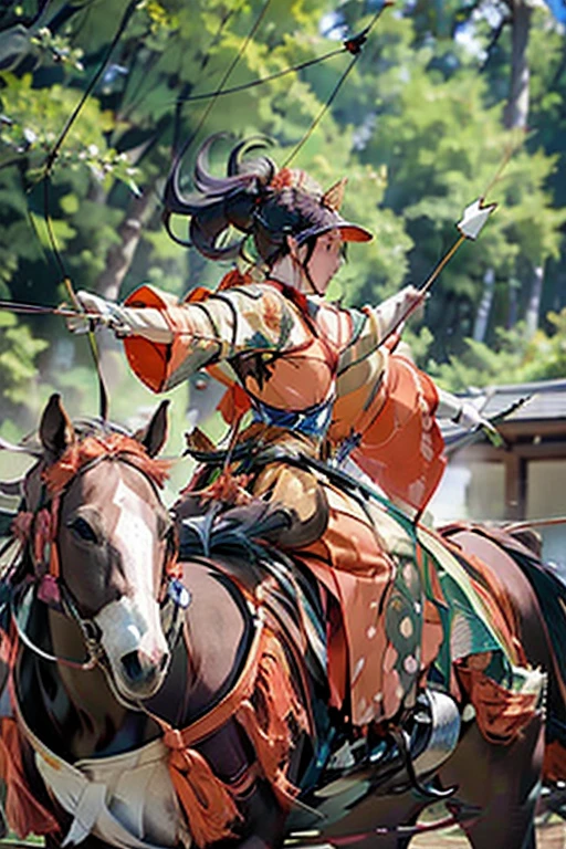 (masterpiece, Highest quality:1.2), It won, beautiful girl, horse riding, (From the right:1.2), (Holding a bow in his left hand:1.2), longbow, (Holding an arrow:1.2), (kaburaya:1.2), kyudou-hikiwake, Outstretched arms, Black Igote, Deerskin peeling, Galloping horses, Red Mussel, Sea side,