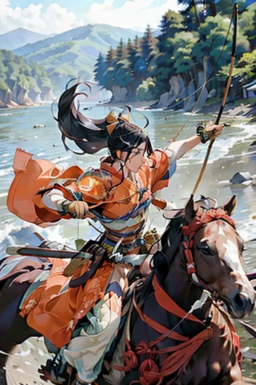 (masterpiece, Highest quality:1.2), It won, beautiful girl, horse riding, (From the right:1.2), (Holding a bow in his left hand:1.2), longbow, (Holding an arrow:1.2), (kaburaya:1.2), kyudou-hikiwake, Outstretched arms, Black Igote, Deerskin peeling, Galloping horses, Red Mussel, Sea side,