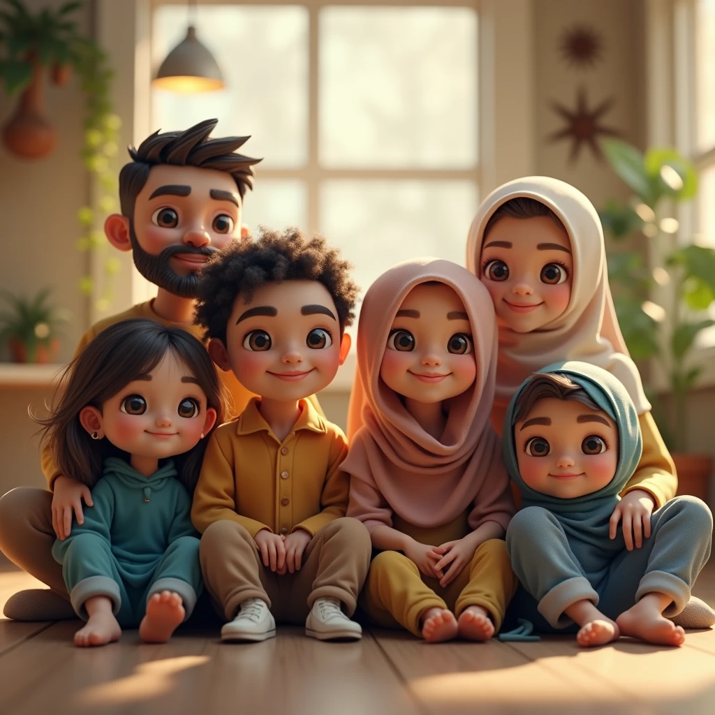 6 people ((3 hijabless male sitting)) ((3 hijabbed females sitting)), caricaturized, cute face, white people, casual fashion, fantasy art, happy expression, extreme detail, masterpiece, cinematic lighting, 4k, indoor background