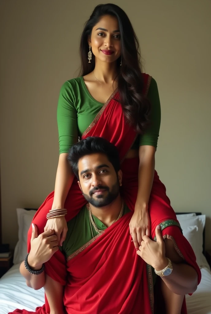 Beautiful and Slim Indian woman Aishwarya Rai in green blouse red saree lifting a large chubby man above her shoulders, man is sitting on woman's shoulder, in a bedroom, natural smile, woman is looking into the camera , she is holding his hands, full body image
