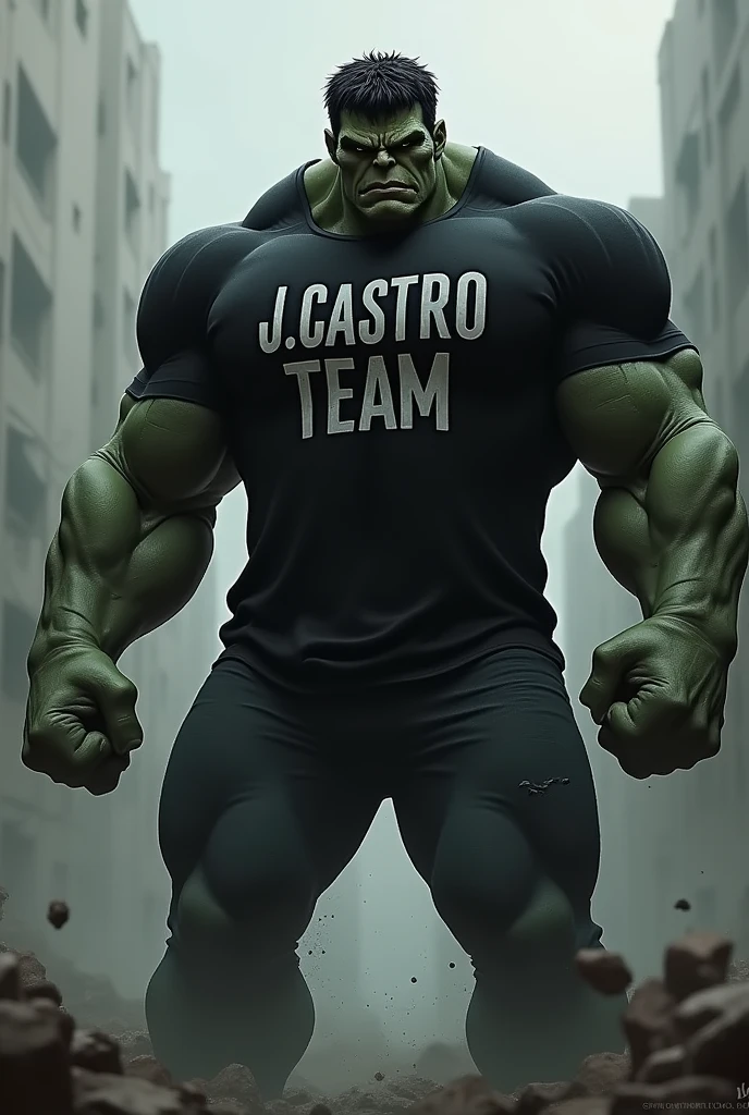 The gray Hulk wearing an all black shirt with the words "J.Castro team"