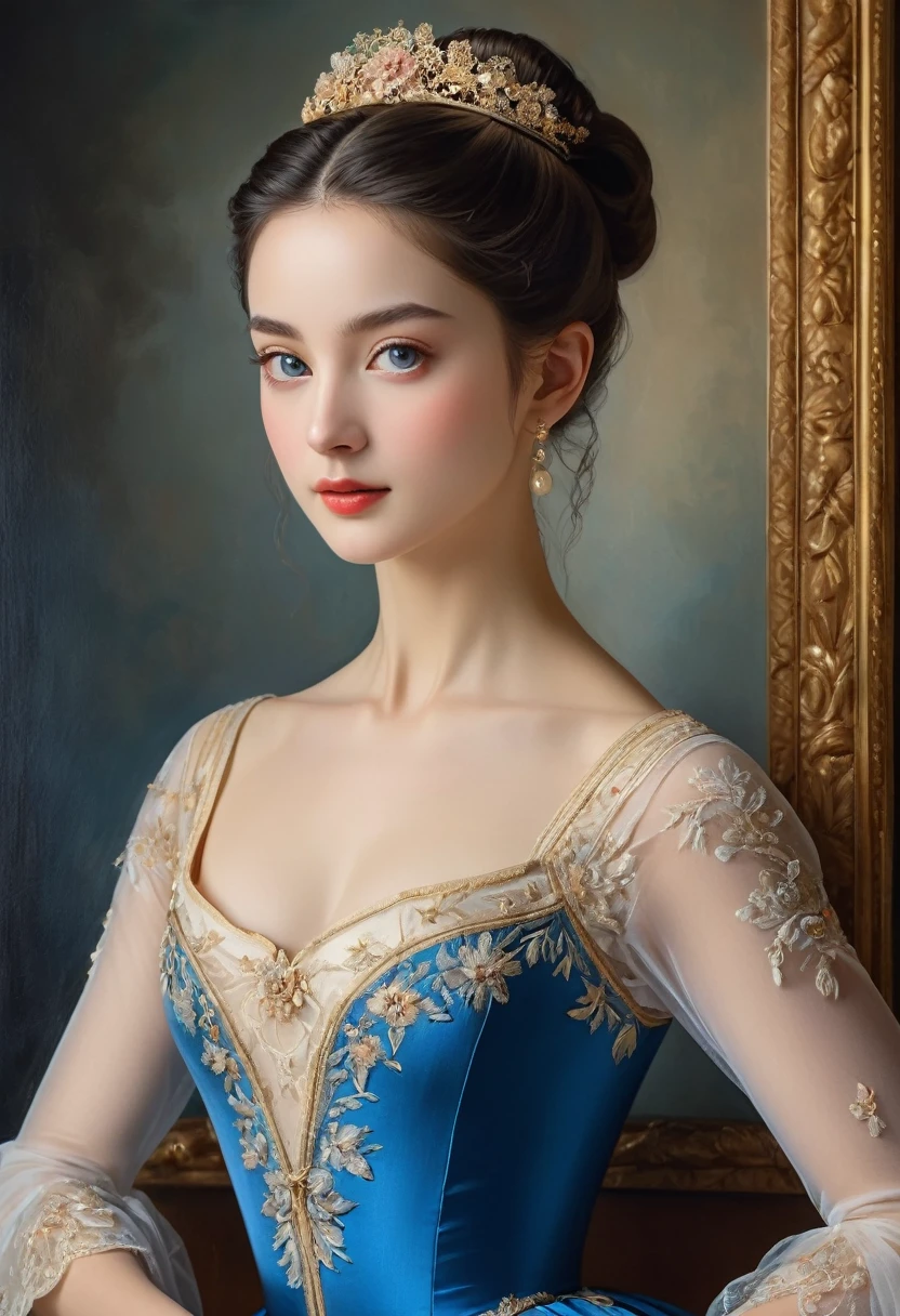 (high resolution,masterpiece:1.2),(Practical:1.37)"(best quality, high resolution, Extremely detailed, Practical),Beautiful portrait of a 19th century French ballerina, (She is of French and Japanese descent., She is a beautiful woman,With deep blue eyes and a high nose:1.1), Exquisite ballet costumes, Detailed facial features, Slender and graceful neck, Flowing long hair, Elegant Posture, Soft and delicate lighting, Oil painting medium, Vibrant colors, Subtle background with floral pattern"