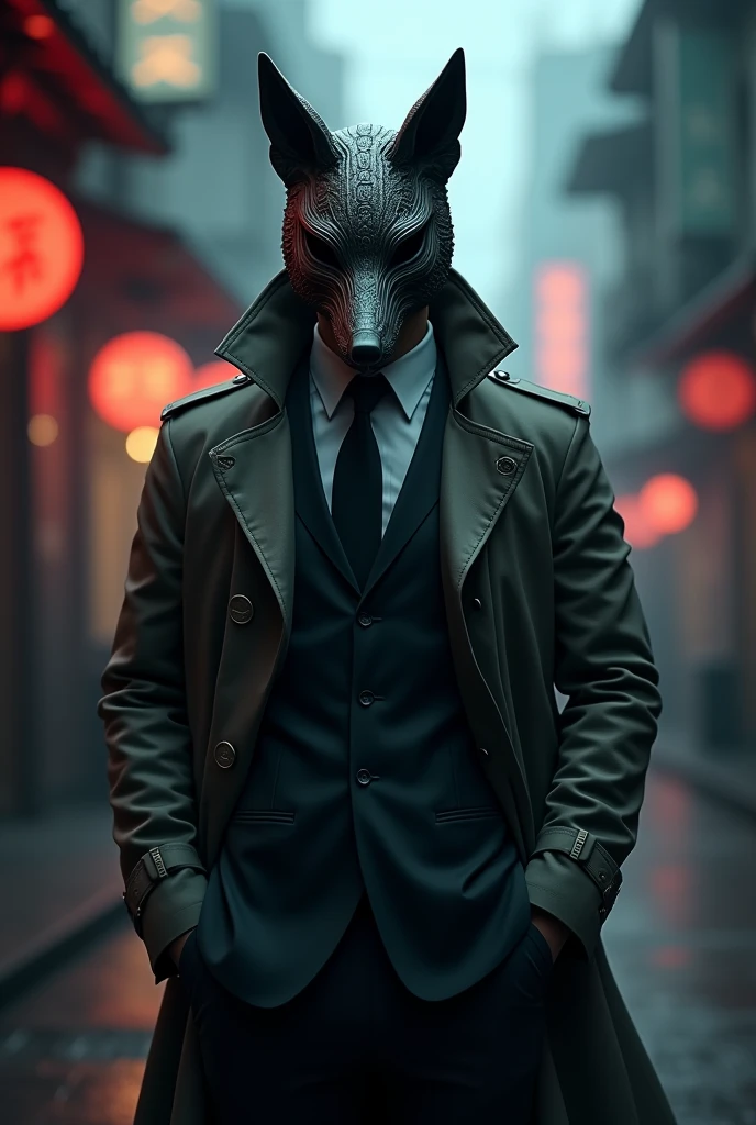 man in trench coat with suit with a kitsune mask on