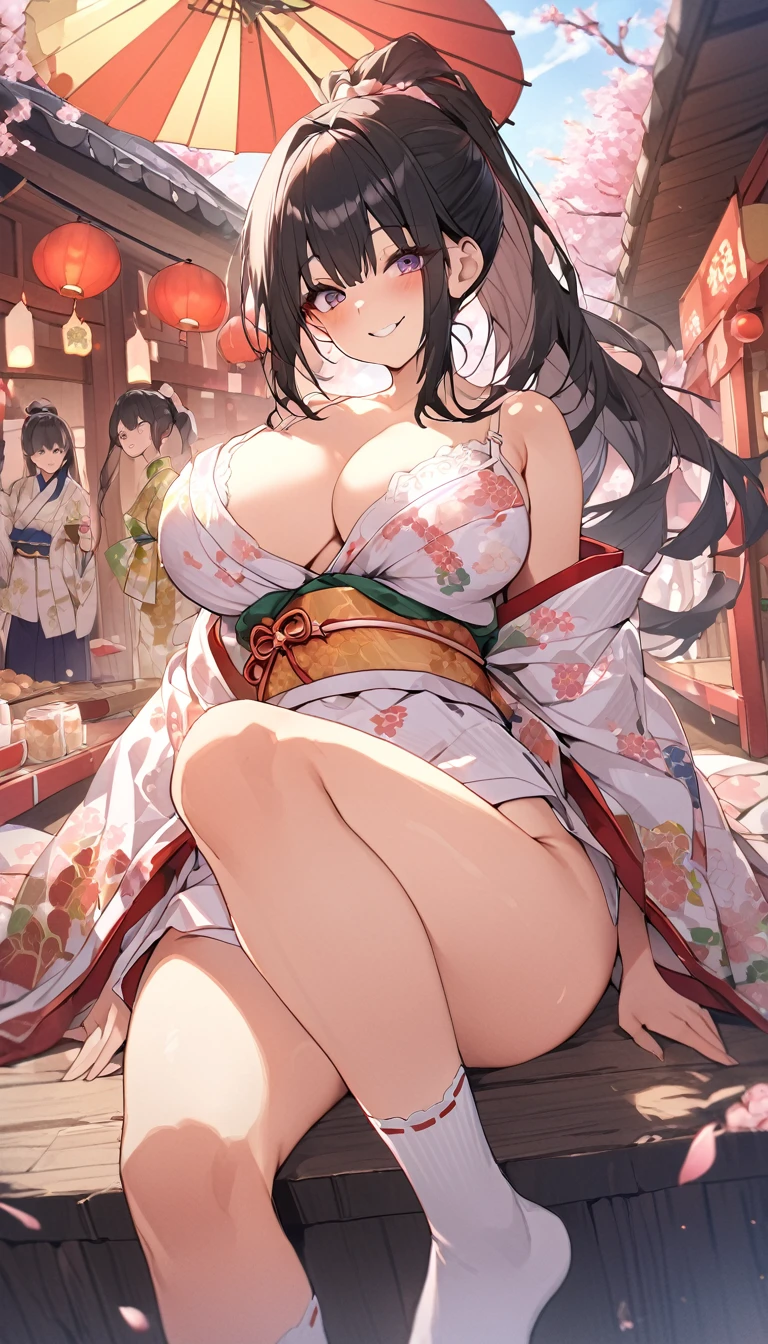 One Woman、beautiful girl、evening、kimono、Beautiful patterned kimono、ponytail、Waraji、School、Back of the school building、spring、cherry blossoms々、はためくcherry blossomsの花びら、Long Hair、Highest quality、Ultra HD、Black Hair、smile、8 heads、White tabi socks、Japanese Umbrella、smile、Cowboy Shot、festival、Many food stalls、Beautiful views、Big Breasts、kimonoがはだけて下着が見える、white lace bra、white lace panties、Lie on your back with your legs spread、Have a、Tipsy
