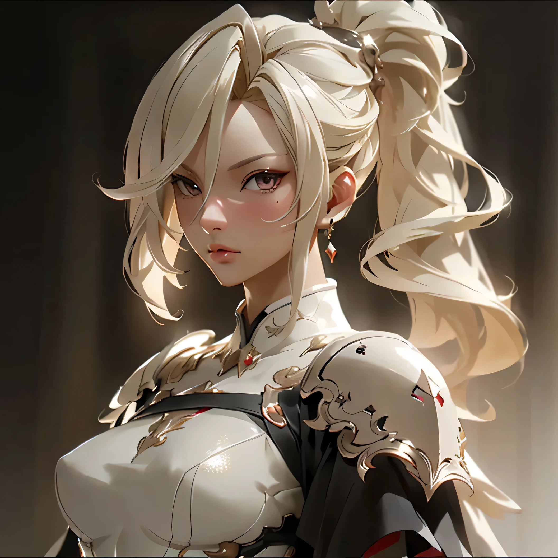 (best quality)), ((Masterpiece)), (details:1.4), 3d, HDR (high dynamic range), an image of a beautiful cyberpunk female, Blonde hair, High Ponytails, Sleek Style, Red eyes, hips up, จมูกโด่ง, ปากแดง, หน้าอกใหญ่, nvidia RTX, PBR surface, After processing, Anisotropic filtration,depth of field, Maximum clarity and clarity, multi-layered surface, Subsurface scattering, perfect proportions, 8K raw files, ultra detailed, Perfect proportions, volumetric lighting, soft lighting, Holy Knight, Heavy Armor, glossy skin, intricate silver embroidery, gorgeous, intricate grey background, strong back lighting, jewely, ต่างหู, นิ้วมือสมบูรณ์, กระโปรงสั้น