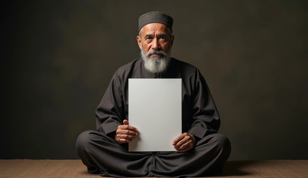 (Photorealism:1.2), lelaki, ulama jawa, sit down,facing forward,shows a blank sheet of paper, aesthetic, interesting, clear