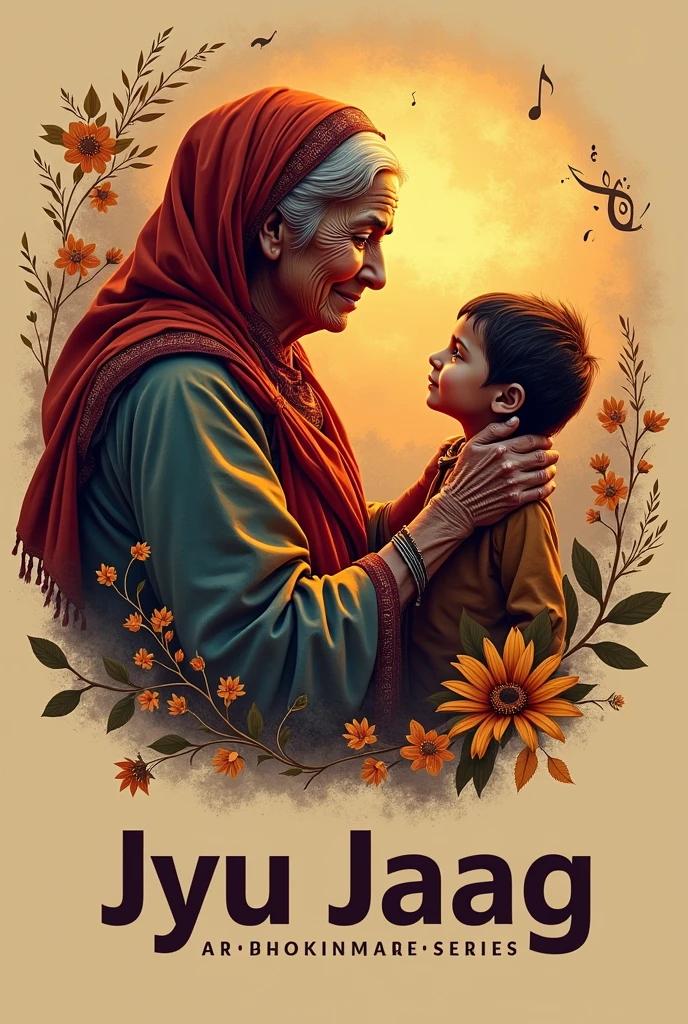"Create a logo with an elderly woman dressed in traditional Uttarakhand attire, blessing a small child. Keep in mind that this is a logo for a music production company named 'Jyu Jaag Production.'"