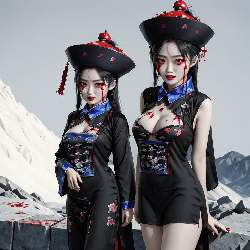 zombie,Chinese style,Tattered cheongsam,Large Breasts,Showing chest and legs,deep mountain,Fangs,blood