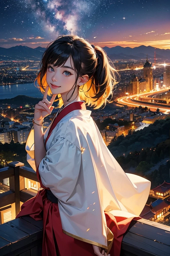 anime style, super fine illustration, highly detailed, dynamic angle, beautiful detailed, 8k, On a summer night, at the observatory at the top of the mountain, BREAK A the Japanese clothing young girl, transfixed by the beautiful night view of the city, is taking a selfie. Her eyes are shining and she is smiling. BREAK The night view sparkles in the background.