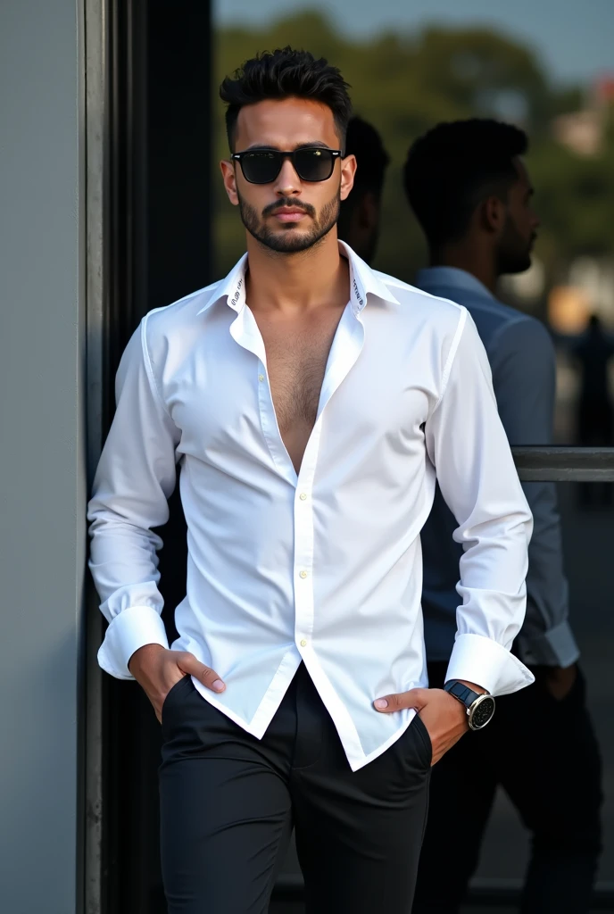 A young man with dark short curly hair he is wearing a white shirt and a black pant with a watch and sunglass.first two button of his shirt is opened and he is wearing a sunglasses also. He is laying against a gray wall with a black glass.. His face is full with confidence.he have no beard