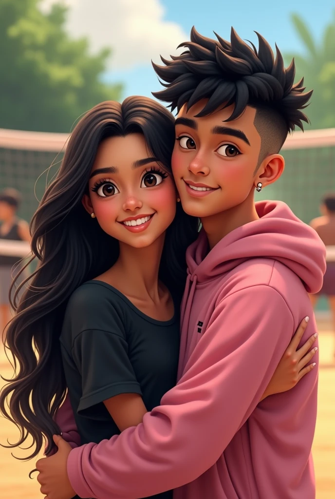 Indigenous teenage girl ,big black eyes with eyeliner with long wavy loose black hair down to the back smiling, wearing a black blouse. hugging a strong dark-haired teenage boy with short curly hair with shaved sides and very small eyes and earrings in his ear wearing a pink sweatshirt, and in the background a volleyball court