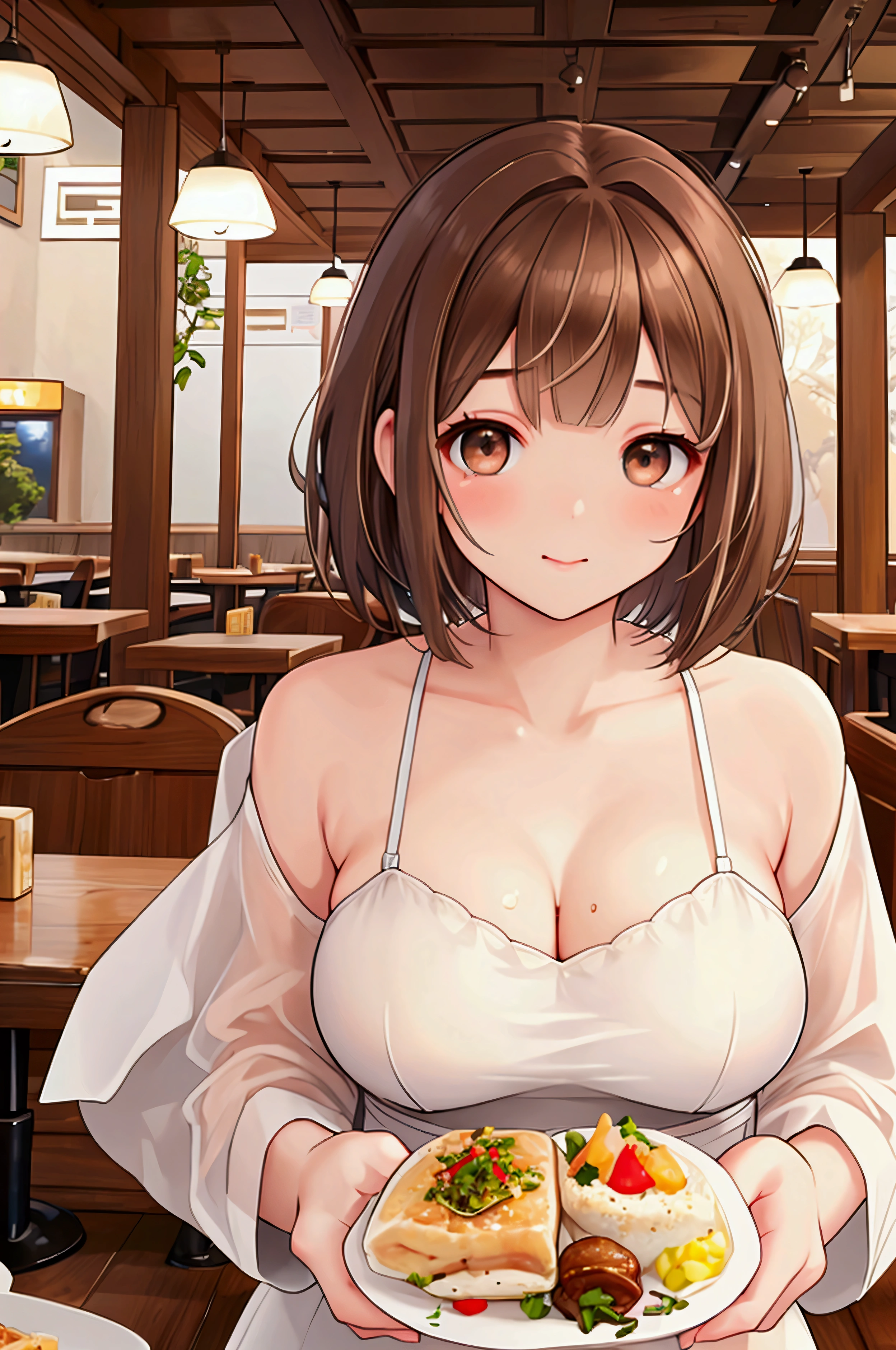 Photorealistic、Highest quality、Highest Resolution、Highest quality、16Ｋ、1 beautiful adult woman、Cute face、Delicate face、Bob cut hair、Ash brown hair color、Brown eyes、Delicate eyes、Beautiful Eyes、Beautiful breasts、Big Breasts、noon、lunch、meal、Western-style restaurant、