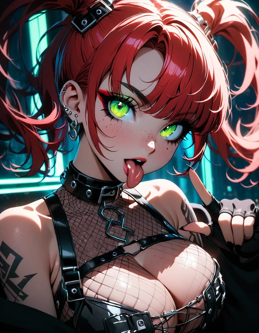 woman, curly red hair in pig tails, green eyes, eye shadow, black hoodie, black finger-less gloves, exposed shoulders, large breasts, freckles, cleavage, fishnet undershirt, looking at viewer, Holo-Punk Style, goth, earrings, eyelashes, makeup, solo, tattoo, punk aesthetic, cinematic lighting, masterpiece, best quality, face close up, sticking tongue out, two fingers