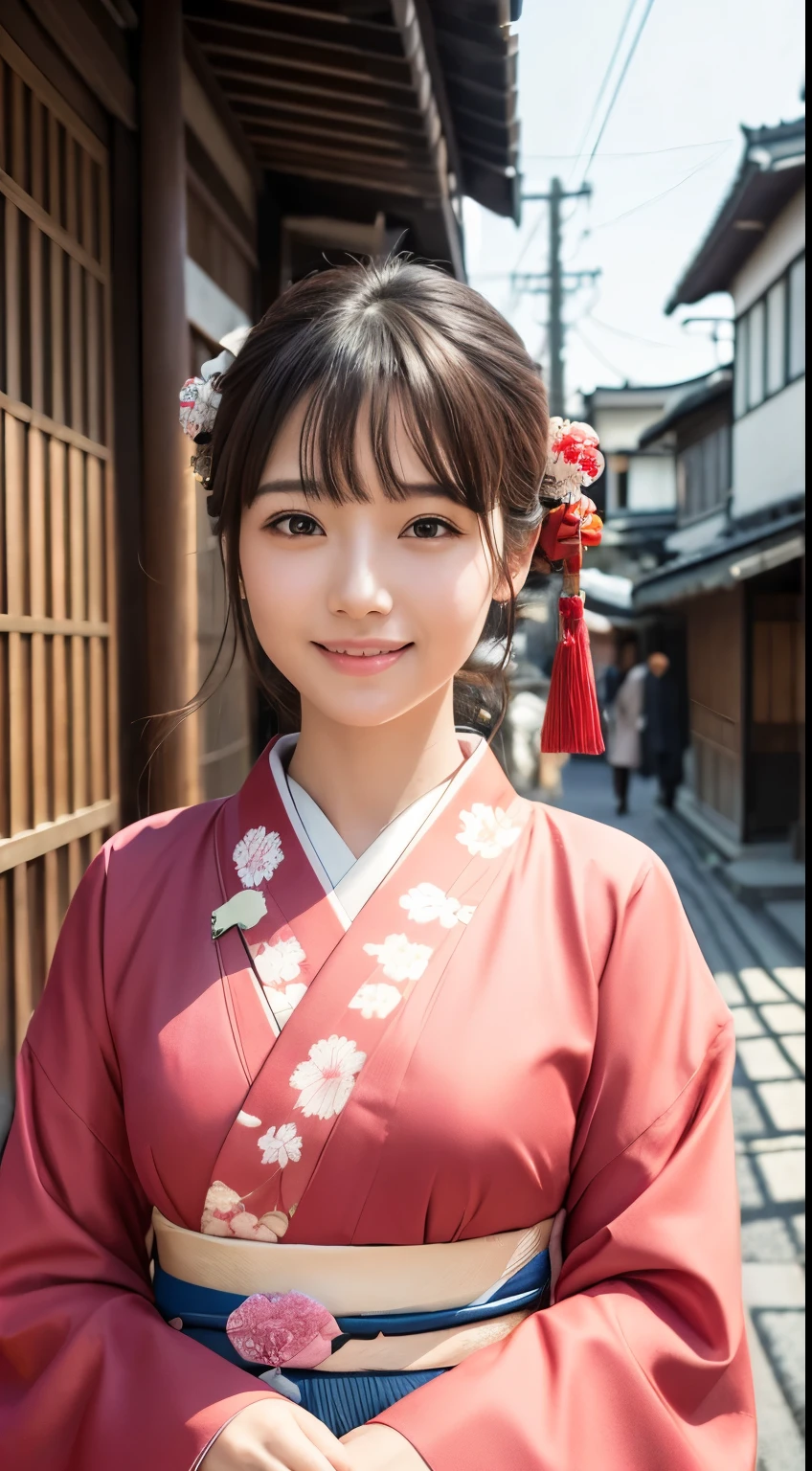 Professional Lighting,(Photorealistic:1.4), (Top image quality:1.0), (超High resolution:1.0), 8k, Raw photography, (masterpiece:0.2), (Facing the children_v1:0.5)、(最高quality Detail:1.2)、Realistic、8k UHD、High resolution、(1 person:1.2)、超detailedな、High quality textures、複雑なdetailed、detailed、Very detailed CG、High quality shadows、detailed 美しく繊細な顔、Beautiful details and a delicate eye、(Symmetrical eyes:1.2),Written boundary depth、Ray Tracing,1 person, Japanese, (Natural smile:1.4),cute, thin, Portrait of a beautiful Japanese woman in a kimono, Standing elegantly on a street corner in Kyoto. Kimono with vibrant traditional patterns, Hair decorated with elegant and delicate hairpins, Gentle expression. (With the old streets of Kyoto in the background:1.4)、The soft light of a spring afternoon、Adding tranquility to the scene. Rendered in a Realistic style with great attention to detail, High resolutionの画像.Sky Porn, Magic Hour, (Realistic:1.3), finely, quality, (Tabletop:1.2), (Realistic:1.2), (最高quality), (複雑なdetailed), dramatic, Ray Tracing, photograph, +roller