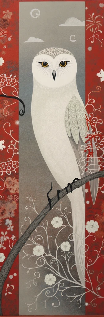 Mystical Owl Triptych, This image features a tall, slender canvas divided into three vertical sections. The central section, the widest, displays a large, detailed white owl with captivating round eyes and intricate feather patterns, perched on a dark, gnarled branch that extends diagonally across the section. The background of this central panel is a rich red with subtle floral patterns and swirling motifs in lighter red shades. Flanking this main panel are two narrower sections, mirroring each other in design but contrasting in color; one has a light grey background while the other is set against a darker grey hue. Both side panels feature stylized representations of white flowers and circular designs that echo the owl’s eyes, creating a cohesive theme across the triptych. The overall artwork evokes an elegant yet mystical atmosphere.