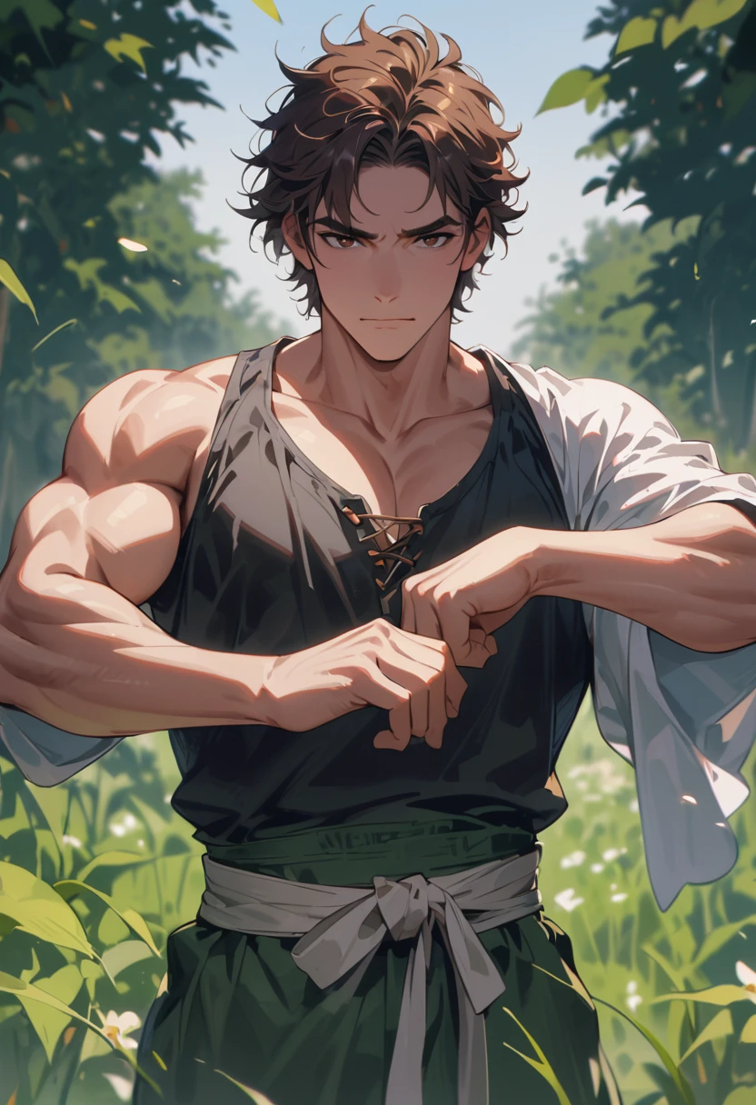farmer, himbo, scruffy, tall, very tall, muscular, pecs, biceps, brown hair, brown eyes, short hair, messy hair, peasant clothes, waist-up, grinning, naive, background in a farm field, cinematic angle, masterpiece, best quality, high resolution
