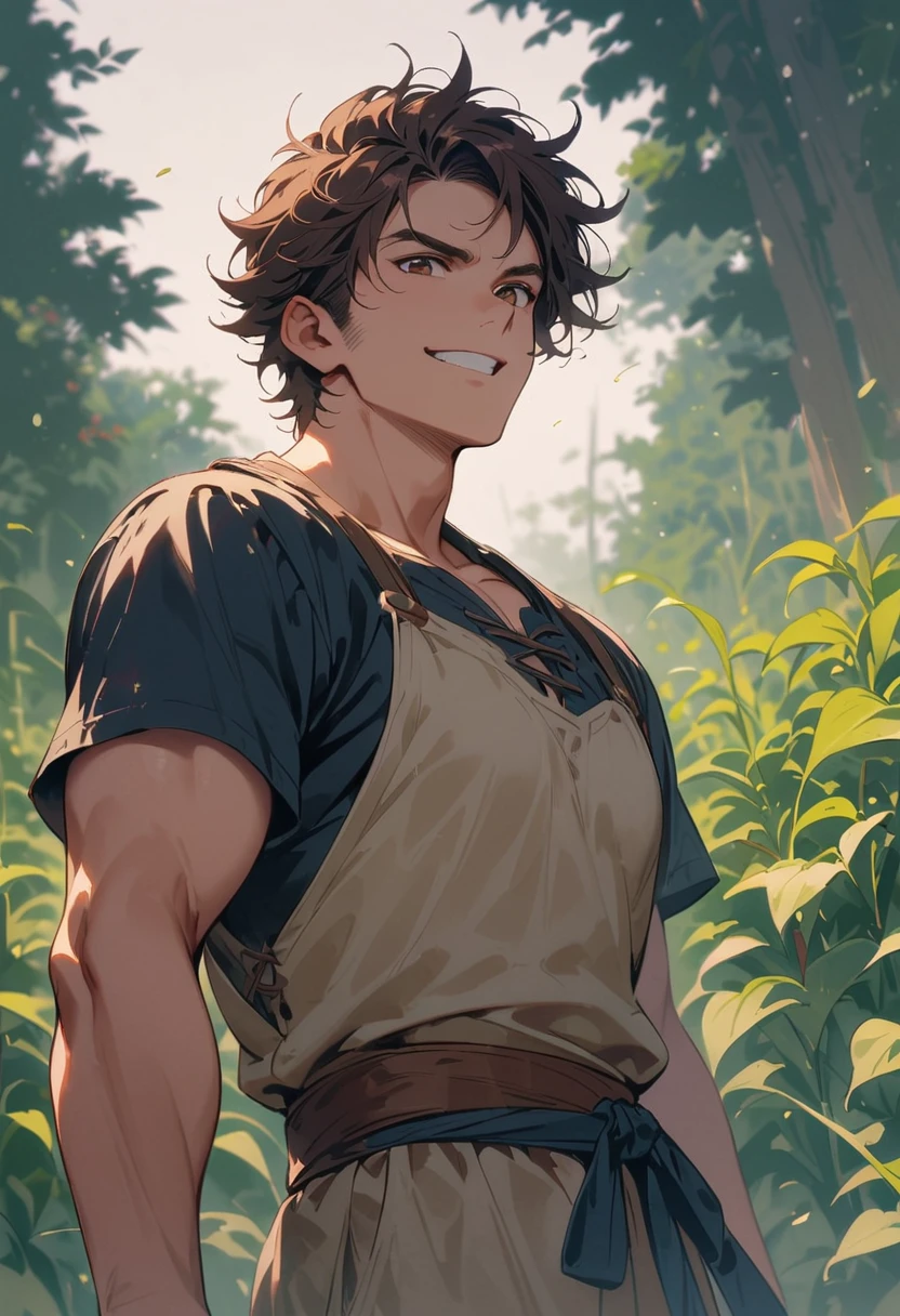 farmer, himbo, scruffy, tall, very tall, muscular, pecs, biceps, brown hair, brown eyes, short hair, messy hair, peasant clothes, waist-up, grinning, naive, background in a farm field, cinematic angle, masterpiece, best quality, high resolution