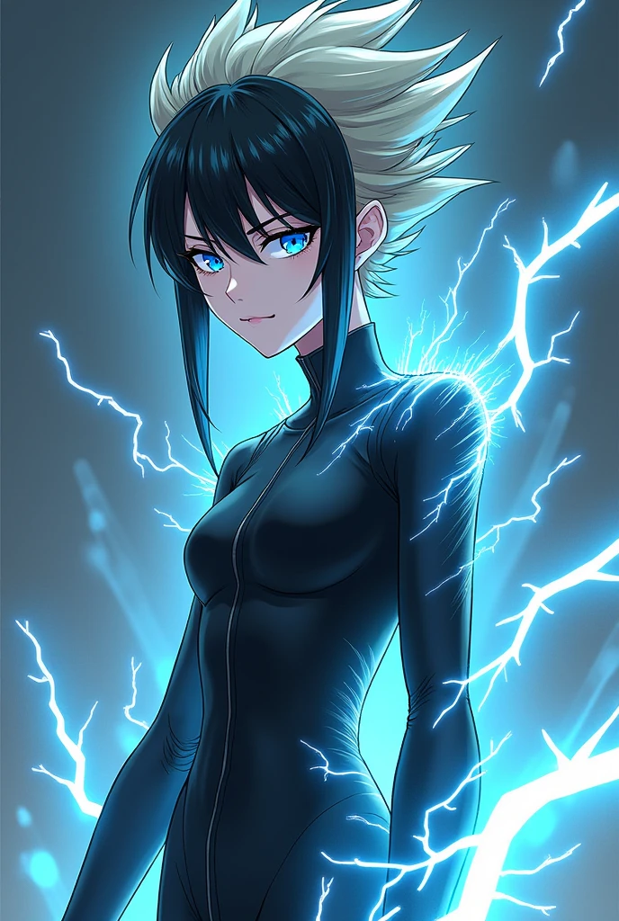 A defined thin character. With black hair on the sides and nape, straight and blond on top, with blue eyes. With a height of 1,75m in white skin color. With energy powers, electricity and tesla.
