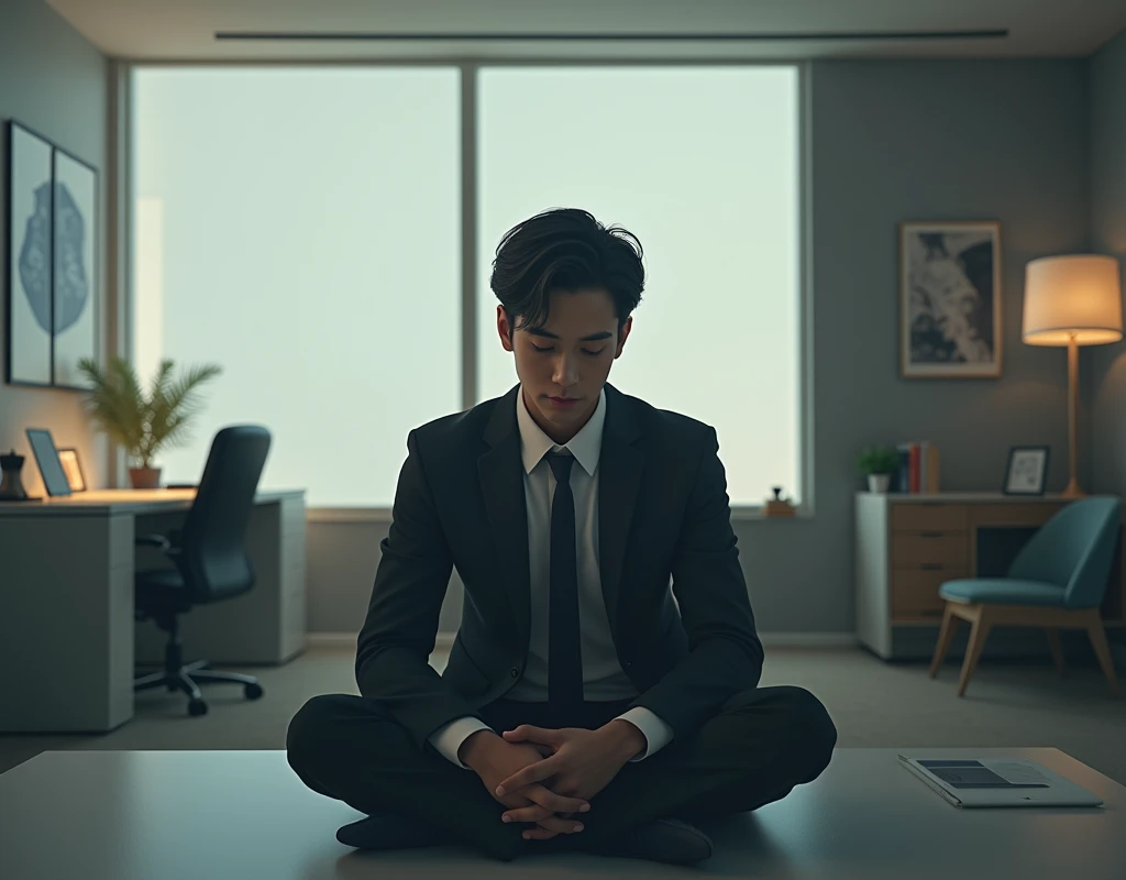 A quiet office with a focus on a thoughtful person, representing introspection in the professional environment.
