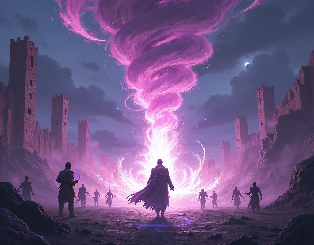 Xun revealed his shadow form and flew high into the air, channeled shadow-fire into Soul Reaper, and began to turn in a vertical arc, flipping with increasing speed. The legions were paralyzed with fear as the shadow-flame arc began to become a circle that seemed to grow in size. The wheel of fire entranced them all with fear as it lit the dark, night sky violet over the ruins of the fortress. Then as the arc hit critical size and speed, Xun stopped spinning abruptly, and the wheel of shadow-fire became a cyclone that poured down in a column into the center of the hunter and neo-Golden Sun forces and began radiating outward. Waves of shadow-fire spread throughout the fortress crystallizing the legions vast of hunters and neo-Golden Sun where they stood. The waves began pulsing and climbing through every hall, chamber, and tower as the enemy forces attempted, in vain, to flee. Wave after wave crawled across the valley and as it reached the ruined towers’ tops, it exploded out like volcanic fire and after a moment dissipated leaving only crystalized skeletons in its wake.