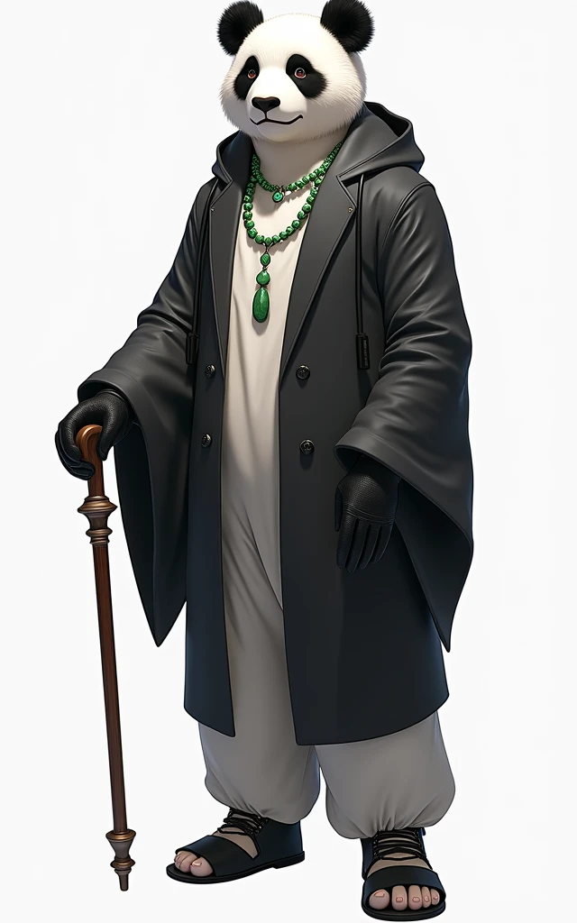 (masterpiece, top quality, best quality, official art,beautiful and aesthetic:1.2),(4k,8k, best quality,masterpiece:1.2),(((white background))), solo,Game character, a panda person, a game character inspired by pandas, wearing a black and white robe, adorned with a jade bead necklace and bracelet, holding a cane. The structure is clear and accurate, with a modern realistic representation and consistent lighting that looks natural and believable.