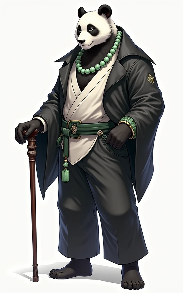 (masterpiece, top quality, best quality, official art,beautiful and aesthetic:1.2),(4k,8k, best quality,masterpiece:1.2),(((white background))), solo,Game character, a panda person, a game character inspired by pandas, wearing a black and white robe, adorned with a jade bead necklace and bracelet, holding a cane. The structure is clear and accurate, with a modern realistic representation and consistent lighting that looks natural and believable.
