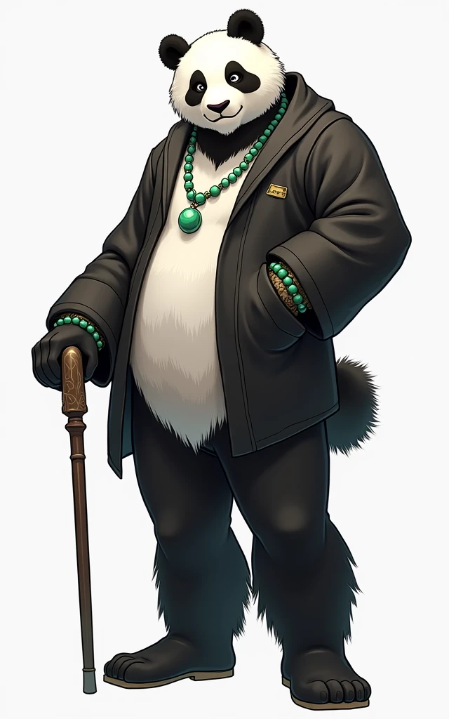 (masterpiece, top quality, best quality, official art,beautiful and aesthetic:1.2),(4k,8k, best quality,masterpiece:1.2),(((white background))), solo,Game character, a panda person, a game character inspired by pandas, wearing a black and white robe, adorned with a jade bead necklace and bracelet, holding a cane. The structure is clear and accurate, with a modern realistic representation and consistent lighting that looks natural and believable.