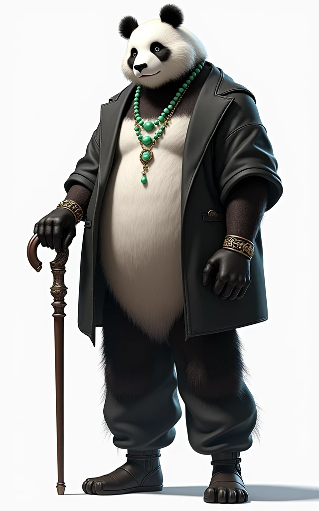 (masterpiece, top quality, best quality, official art,beautiful and aesthetic:1.2),(4k,8k, best quality,masterpiece:1.2),(((white background))), solo,Game character, a panda person, a game character inspired by pandas, wearing a black and white robe, adorned with a jade bead necklace and bracelet, holding a cane. The structure is clear and accurate, with a modern realistic representation and consistent lighting that looks natural and believable.