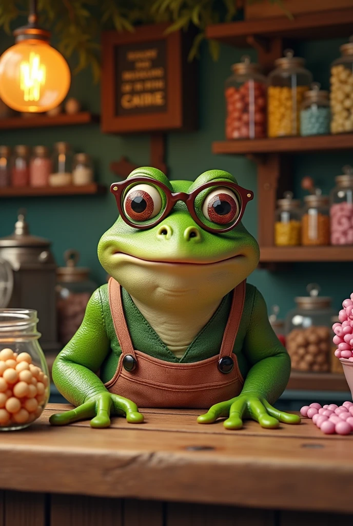 Retro Images，Storytelling，Tree frog，Ultra-realistic，high resolution，The frog is the bespectacled old lady who owns a candy store.
