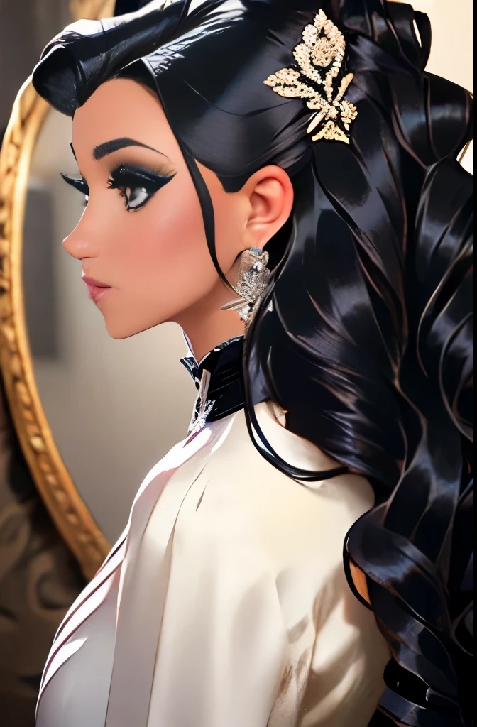 araffe woman in a silver dress looking at a mirror, glamor hairstyle, big hair, intricate hairstyle, imperial and elegant hair style, elaborate hair worn up, glamorous hairstyle, intricate hair, baroque curls, elaborate long hairstyle, beautiful futuristic hair style, insanely nice hair style, elaborate long black hairstyle, elaborate hair, futuristic hairstyle, black elegant hair, complex design hair