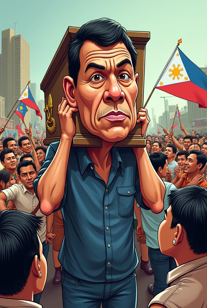 duterte carrying the coffin of Marcos Sr and Filipino are pulling and rallying CARTOON