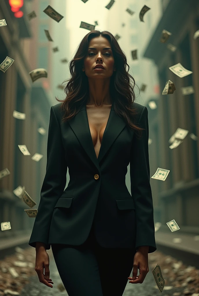 Gangster woman With money falling from the sky