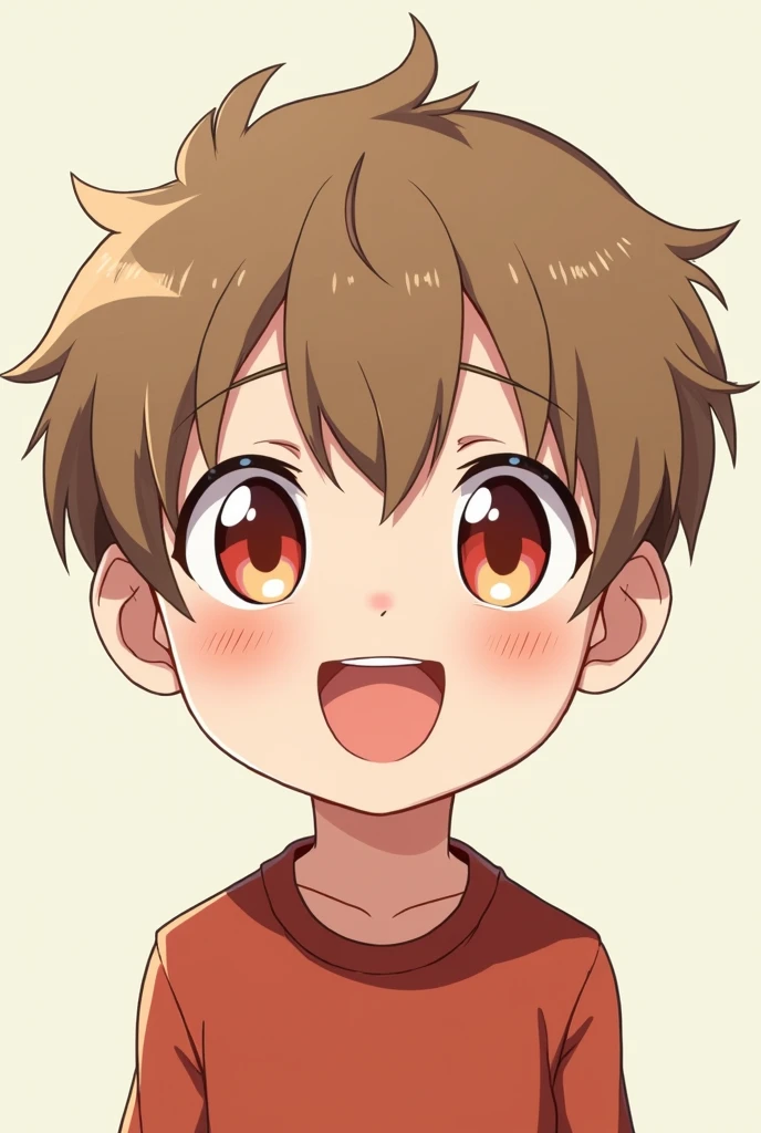 Light brown hair, slightly chubby face, one eye is red and the other is light brown, Eric Cartman is a man , He is a 13 year old boy, His face is excited , Her hair is straight and quite flat, cut around his head without much volume