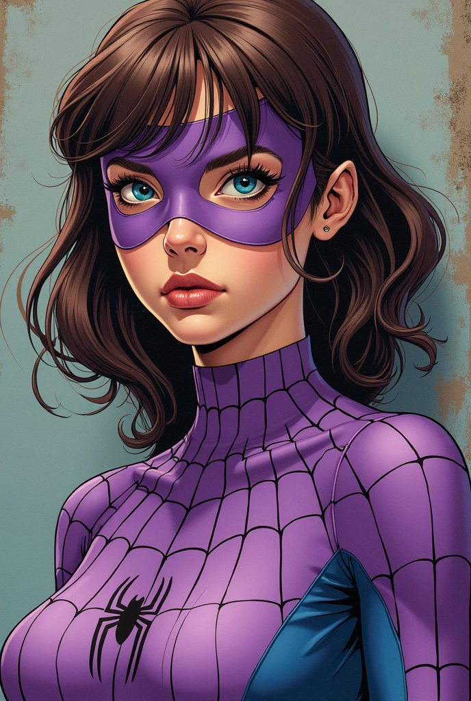 a girl with brown hair and blue eyes. her hair is a tomboy and she has big eyelashes. she has a lilac spiderman outfit, but only with a mask over her eyes, and she is over 20 years old and has a more serious and sober appearance. . MARVEL 1980 comics style 2D
