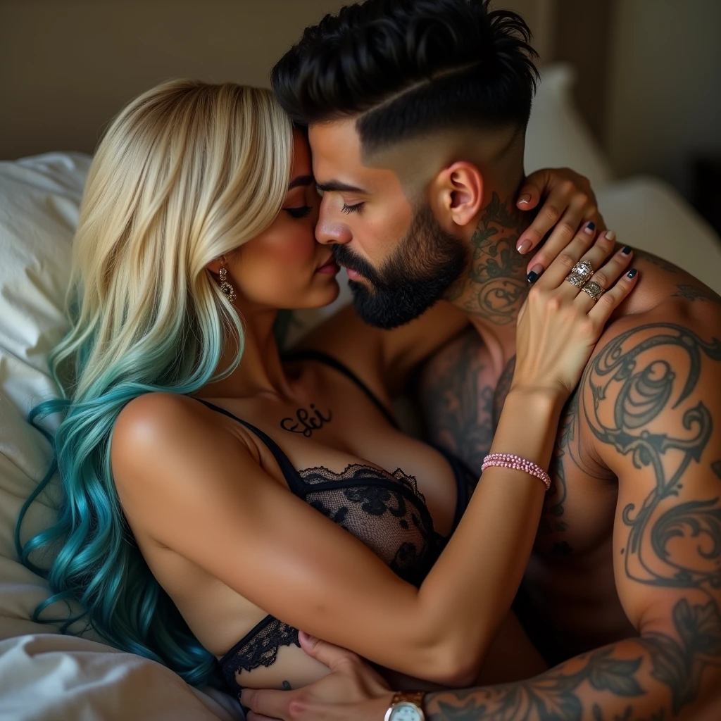 High resolution, multiple views, vivid, hd, zoomed out, a gorgeous, Caucasian woman, long blonde hair with blue hair ends, beautiful makeup and contour, tattoos, “Eli” tattoo on collarbone, big breasts, seductively kissing on a bed, wearing lace lingere, pink pandora charm bracelet on right wrist, kissing a handsome white man with jet black hair with skin fade, short black beard, tattoos, hickies on neck, athletic build, gold rolex watch on left wrist, muscles, no pants, hand gripping her waist