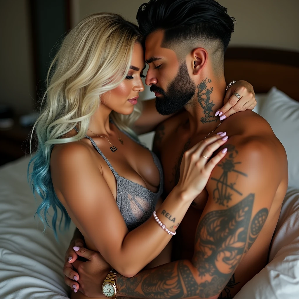 High resolution, multiple views, vivid, hd, zoomed out, a gorgeous, Caucasian woman, long blonde hair with blue hair ends, beautiful makeup and contour, tattoos, “Eli” tattoo on collarbone, big breasts, seductively kissing on a bed, wearing lace lingere, pink pandora charm bracelet on right wrist, kissing a handsome white man with jet black hair with skin fade, short black beard, tattoos, hickies on neck, athletic build, gold rolex watch on left wrist, muscles, no pants, hand gripping her waist