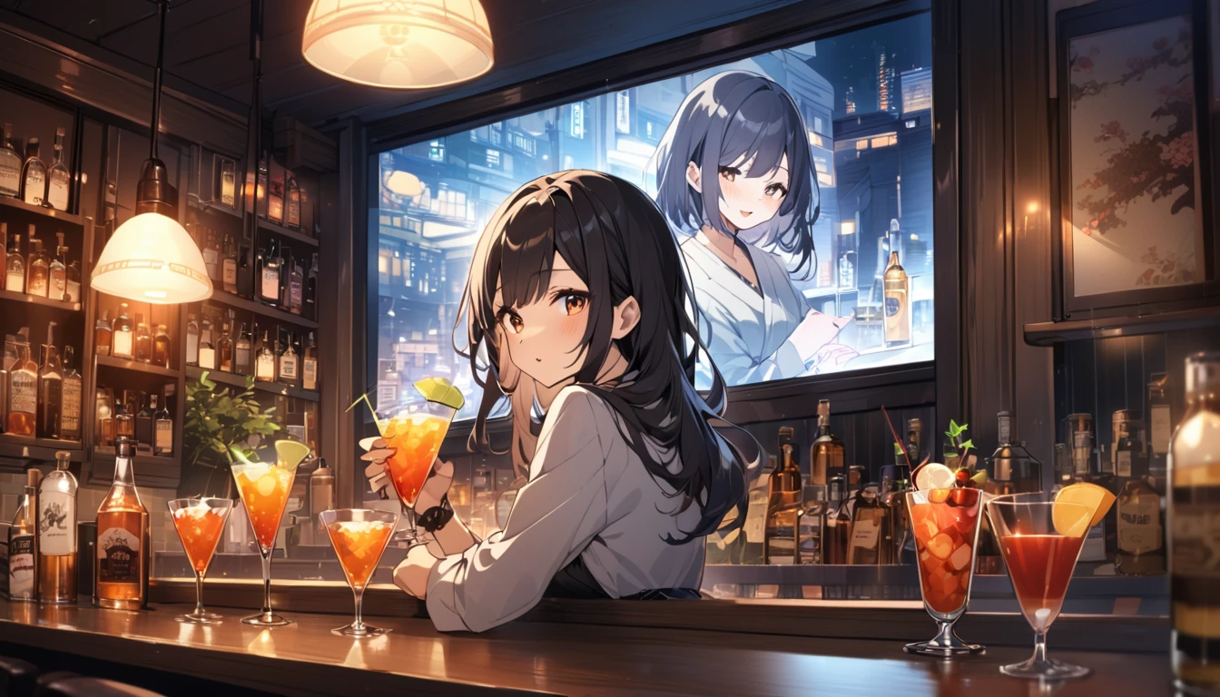 Beautiful Japanese woman in her 20s, night city outside the window, horizontal screen size,Cute,pub,cocktail,Adult atmosphere