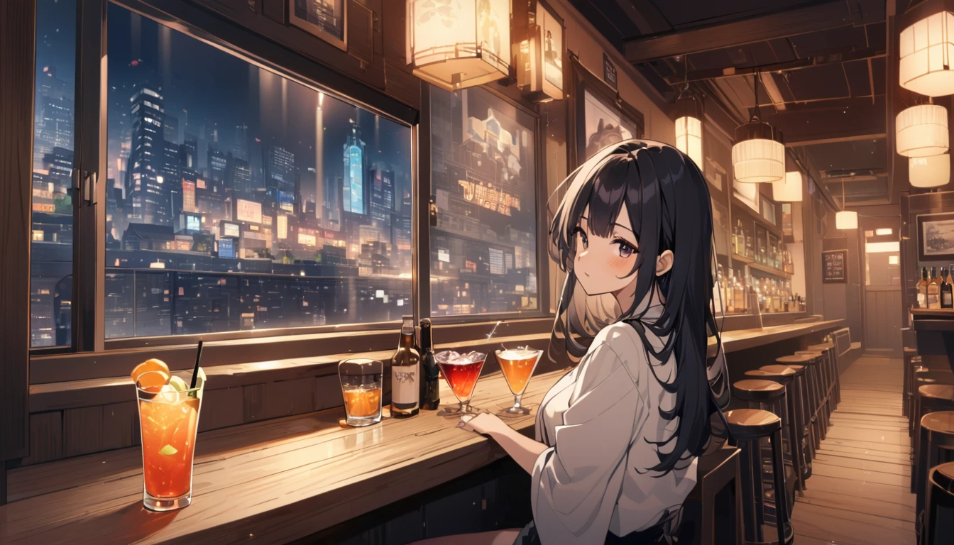 Beautiful Japanese woman in her 20s, night city outside the window, horizontal screen size,Cute,pub,cocktail,Adult atmosphere