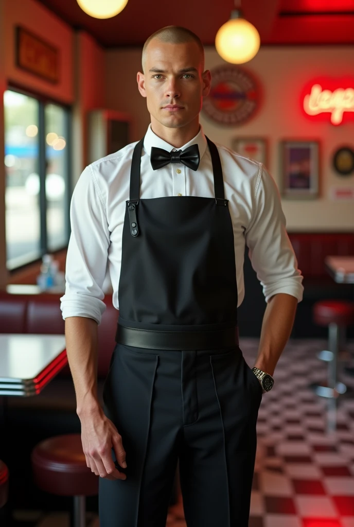 Blond Caucasian man with shaved hair, 4. Neil Patrick Harris Lookalike with Slim Defined , wearing an 80s style waiter outfit. It's in an old 80's NYC diner.