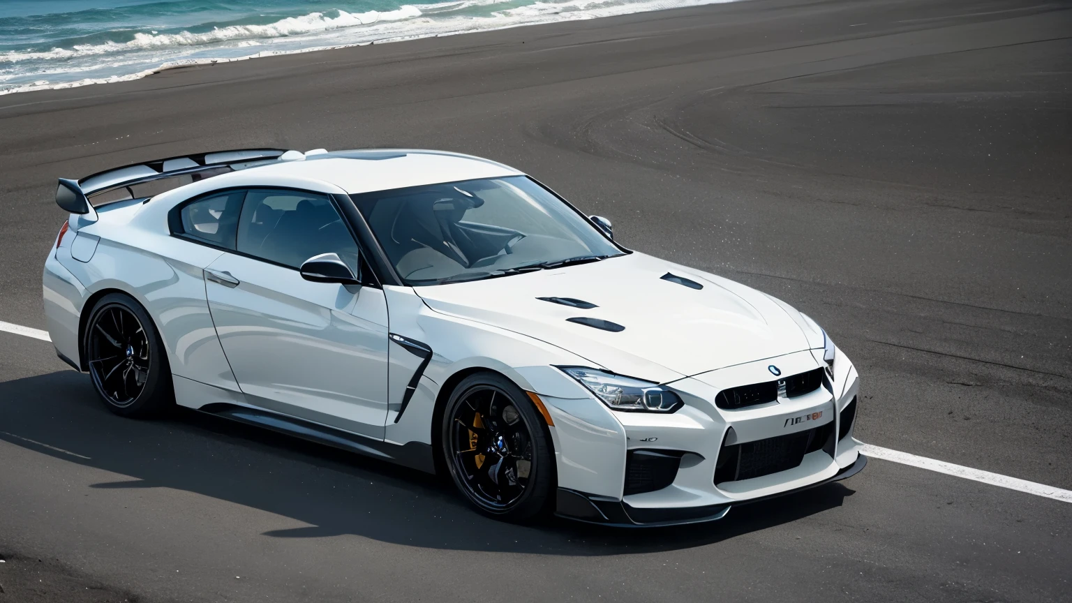 Masterpiece, top quality, high quality, high detailed, Super car, coupe car, (by bmw, by Nissan gtr), white color, black wheels color, big black spoiler, with full body kit, low loading, (parking on beach parking lot, beach background, daytime, no one, smooth)