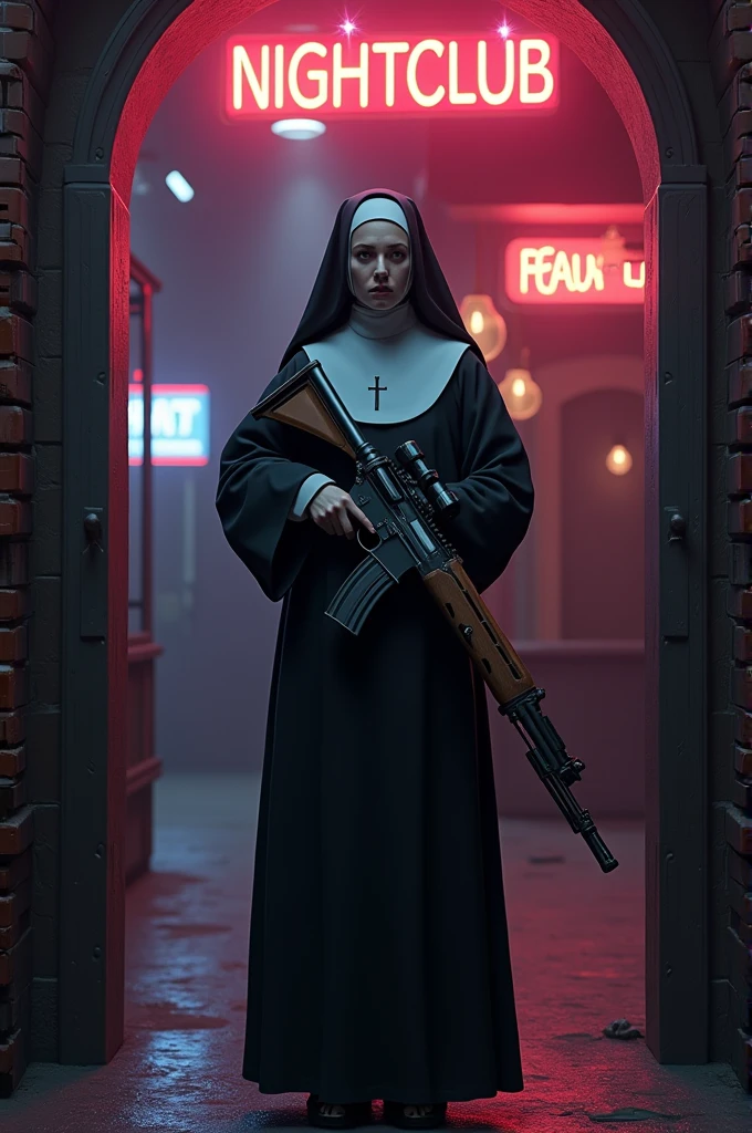 A nun and a rifle stand at the door of a nightclub 