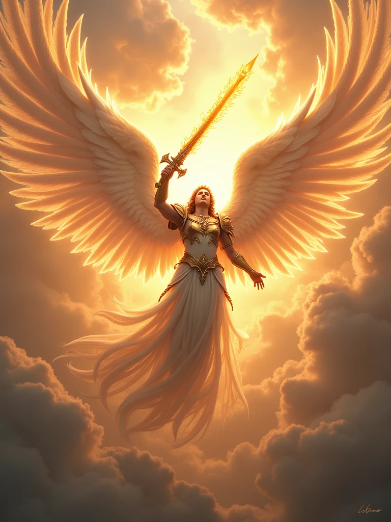the angel Metatron in angelic armor with a flaming sword flying totally real image
