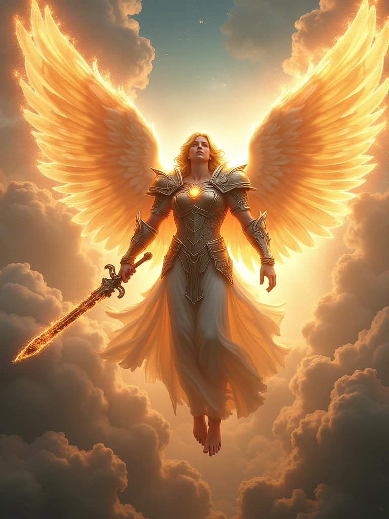 the angel Metatron in angelic armor with a flaming sword flying totally real image