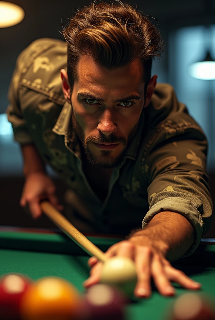 ultra realistic, realistic, 4k, textured skin, playing billiards, man