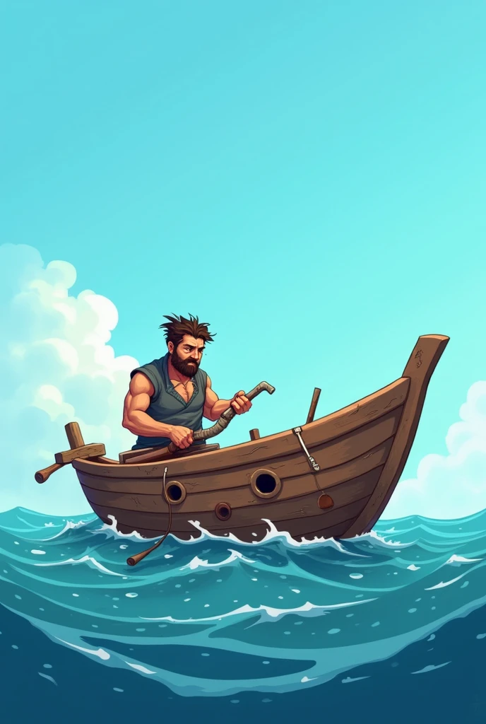 A man repairs a small boat that has many holes alone in the middle of the sea cartoon