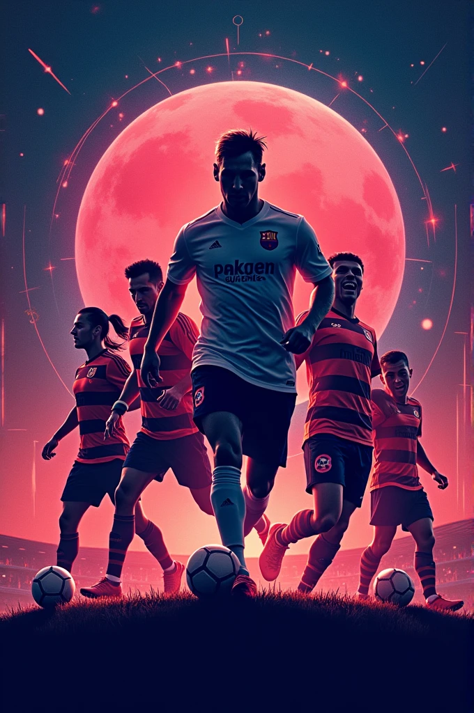 I have a YouTube channel called ggol, the first g means great and the second g means gol, Now you are going to create a banner for my camera with the word great goal in the central part above the banner and at the bottom you are going to place the silhouette of several (maximum 5) well-known football players e.g.: messi, Cr7, Halland, bellingham, Vinicius and I want you to use a retro futuristic theme 