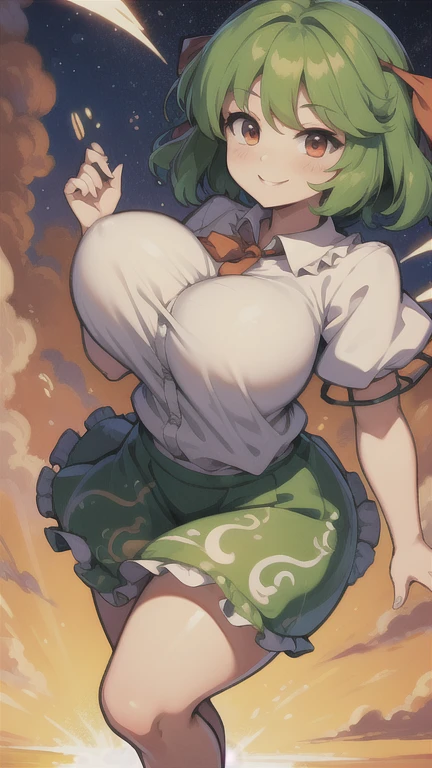 chibi, dry, light, bright smile, fly, play Touhou huge breasts,
