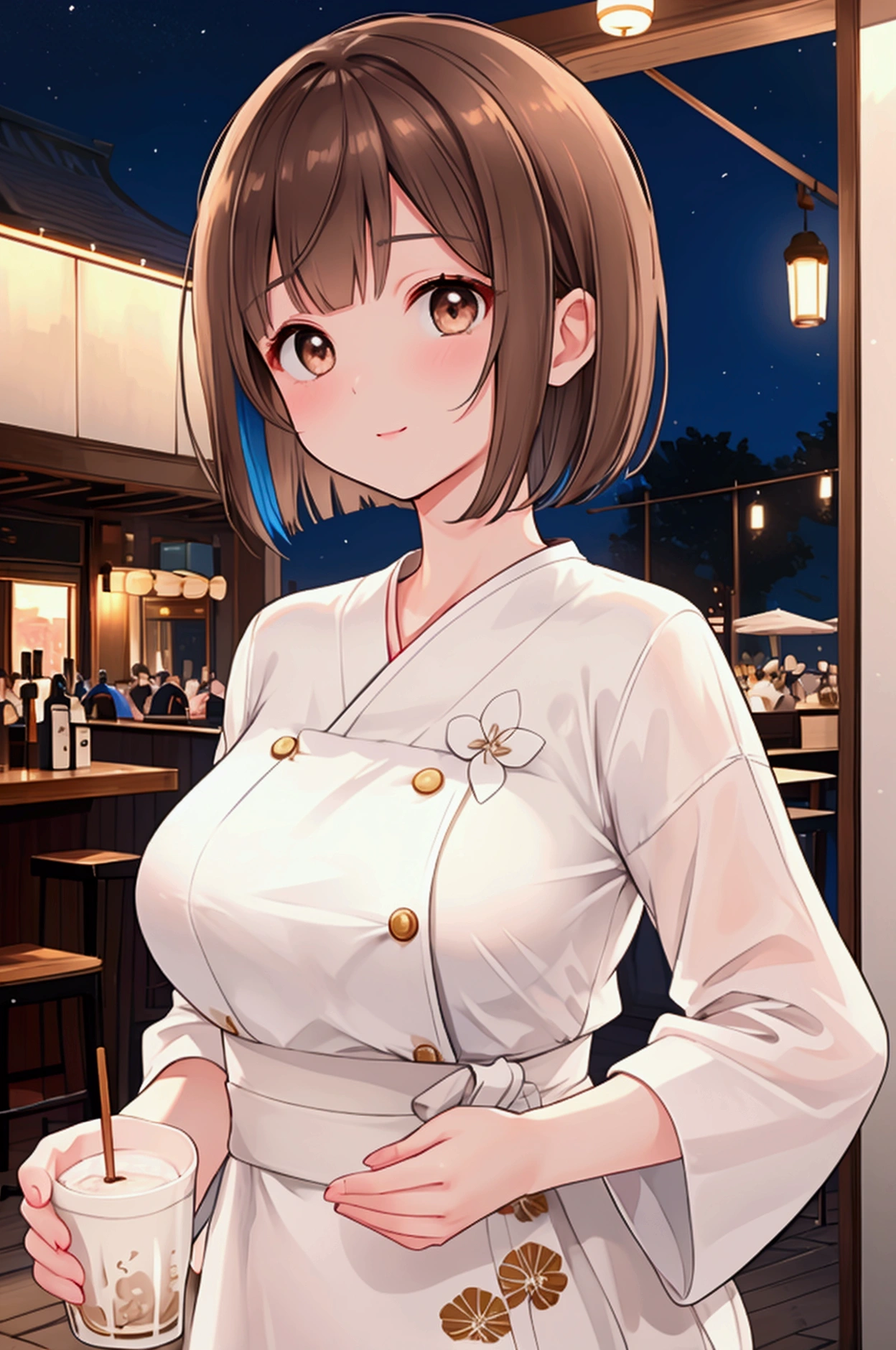 Photorealistic、Highest quality、Highest Resolution、Highest quality、16K、1 beautiful adult woman、Cute face、Delicate face、Bob cut hair、Ash brown hair color、Brown eyes、Delicate eyes、Beautiful Eyes、Beautiful breasts、Big Breasts、Fashionable clothes、night、dinner、bar、sake、cheers、