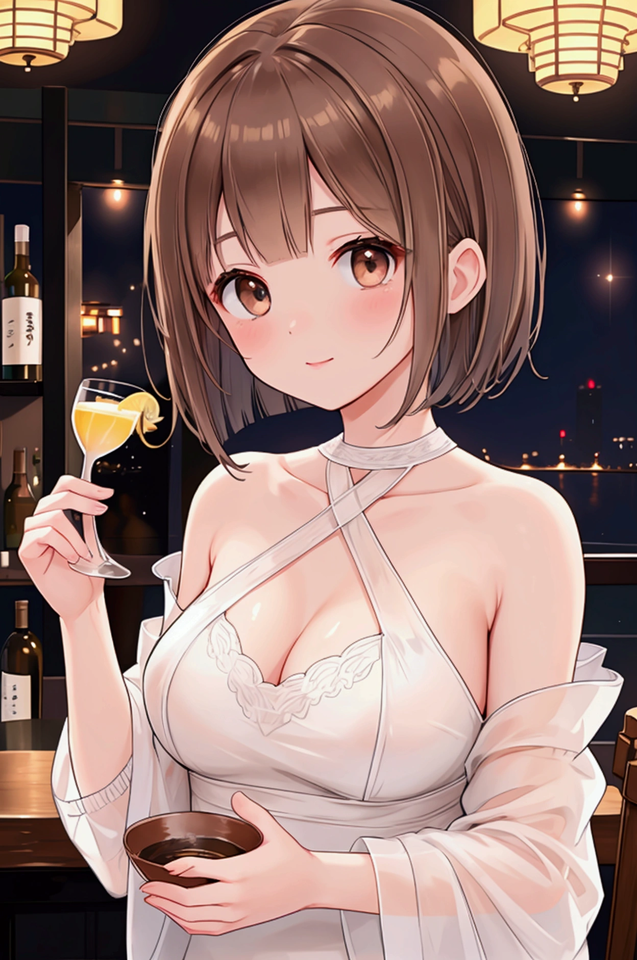 Photorealistic、Highest quality、Highest Resolution、Highest quality、16K、1 beautiful adult woman、Cute face、Delicate face、Bob cut hair、Ash brown hair color、Brown eyes、Delicate eyes、Beautiful Eyes、Beautiful breasts、Big Breasts、Fashionable clothes、night、dinner、bar、sake、cheers、