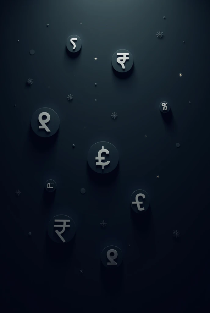Generate a Minimalistic Walpaper for A Currency Calculator web application. The Wallpaper should have elements such as Famous Currency symbols like USdollar,yen,rupee,British pound and many more. The Wallpaper should be made For dark Mode Setting using dark colors